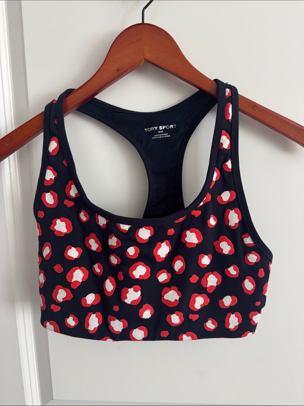 Tory Sport Navy Floral Spot Racerback Sports Bra with Poppy Red & White Accents